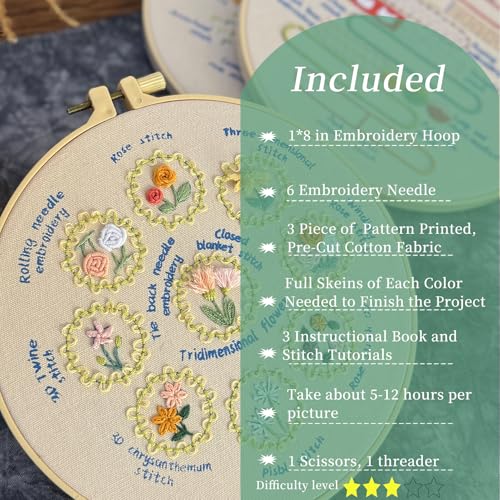Image of FONNUY 3 Set Crewel Embroidery Kit for Beginners, Pre-Stamped Pattern Kits for Adults Beginner with Hoop, Easy to Follow Needlework, 8'' (Basic Stitches)