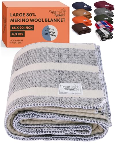 Image of Woolly Mammoth Woolen Company Merino Wool Blanket, 66 inch x 90 inch Limestone | Temperature Regulating - Fire-Resistant - Warm Camping Blanket for Car Emergency Kits, Picnics, Summer Festivals and Stadiums