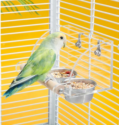 Bird Cage Seed Catcher Feeder with Perch and Anti-Slip Stand, Parrot Food Bowl for Medium Birds, Conures, Caiques, Small Cockatoos (S)