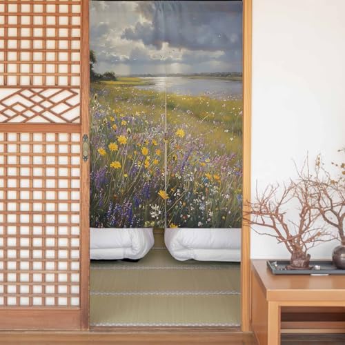 のれん 遮光 おしゃれ 暖簾カーテン 間仕切り 仕切り 目隠し 防寒 防音 厚手 和風 玄関 キッチ リビング 出入り口 グッズ 寝室 春夏秋冬 近代主義 油絵 草原 野の花 植物 カントリースタイル 幅100x丈200cm