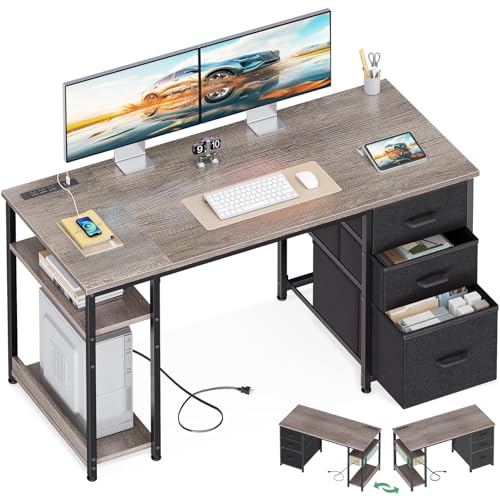 Image of AODK 51 Inch Computer Desk with Drawers & USB Power Outlets - Reversible Home Office Desk with Storage Shelves, Work from Home, Modern Work /Writing /Study Table for Bedroom, Grey Oak