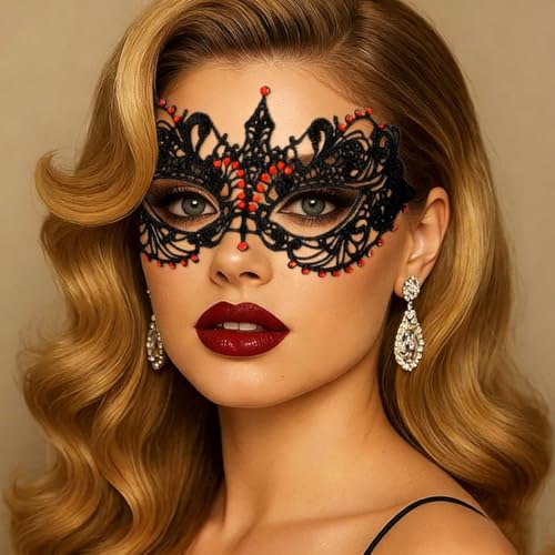 Flimire Black Masquerade Mask for Women Shiny Crystal Lace Masks Prom Ball Party Costume Eye Mask Mardi Gras Masks (Red)