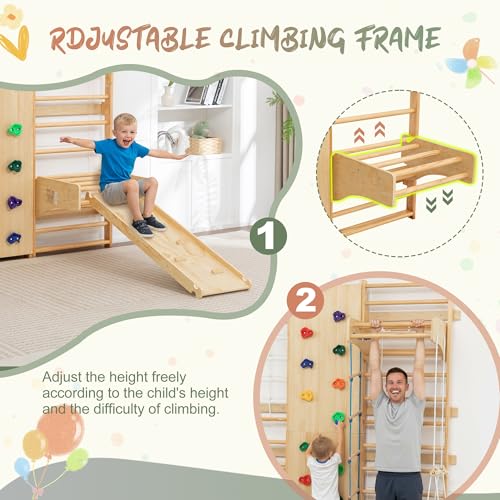 Image of 10-in-1 Swedish Ladder Indoor Jungle Gym for Kids Ages 3-12, 500 LBS Wooden Wall-Mounted Climbing Set with Slide, Swing, Rings, Monkey Bars - Montessori Play & Fitness Playground