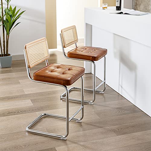 Zesthouse 24'' Counter Height Bar Stools Set Of 2 For Kitchen Counter, Modern Rattan Bar Chairs, Faux Leather Upholstered Barstools Island Stool, Chrome Frame & Browm #TOP1