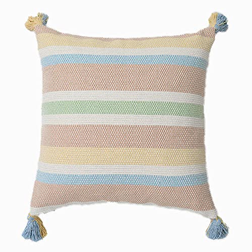 MOCOFO Housse de Coussin tissée à Franges pour canapé - 40,6 cm - Blanc crème - Gris - 45 x 45 cm - Motif bohème brodé - Motif Arc-en-Ciel Cover