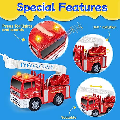 Toy Cars Set for 2-6 Year Old Boys: Fire Truck, Ambulance, Helicopter, Police Car - Friction Powered with Lights & Sounds