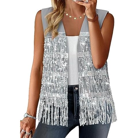 ZXZY Womens Sequin Fringe Sleeveless Vest Sparkly Lightweight Fitted Jacket Cardigan Silver Cover