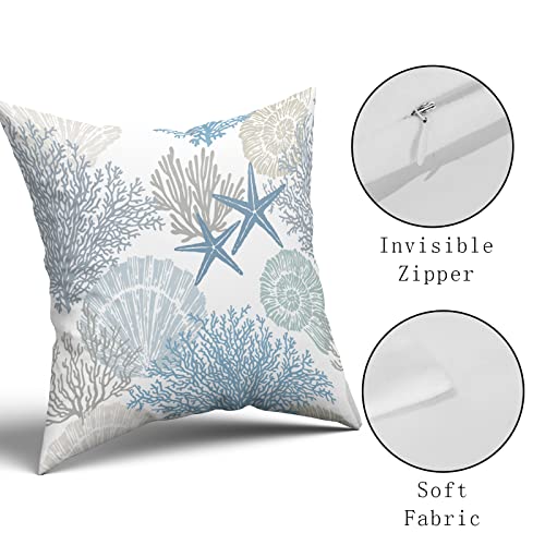 Nautical Coastal Throw Pillow Covers 18x18 Inch Summer Ocean Themed Seashell Coral Starfish Pillow Cases Set of 2 Soft Cotton Square Cushion Covers for Home Couch Sofa Patio Bedroom - Image 4