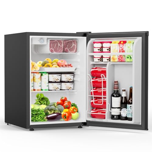 Image of COWSAR 2.6 Cu.Ft Mini Fridge with Freezer, Quiet Reversible Door Compact Refrigerator, Small Refrigerator with 2 Removable Shelves, Adjustable Thermostat, for Office, Bedroom, Dorm, Black