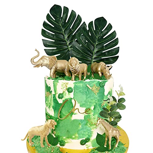 20 Pcs Gold Safari Jungle Animals Figures Cake Toppers With Artificial Palm Leaves For Birthday Baby Shower Jungle Theme Party Decorations #TOP5