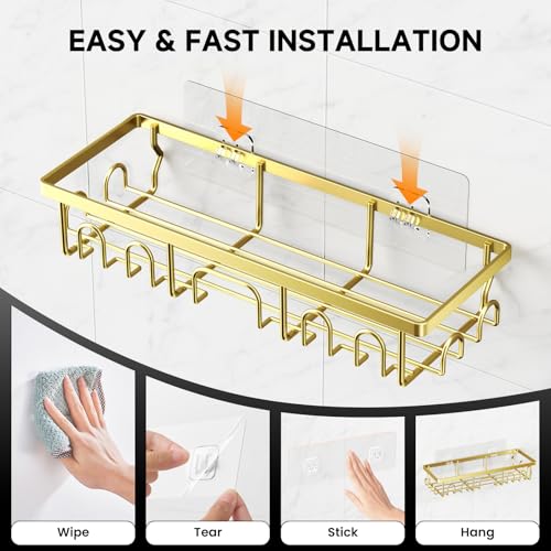Image of Shower Caddy, 5 Pack Shower Shelves for Inside Bathroom, Rustproof Adhesive Bathroom Organizer with Soap Holder, No Drilling Washroom Organizers and Storage for Bathtub Room /Kitchen /Home, Gold