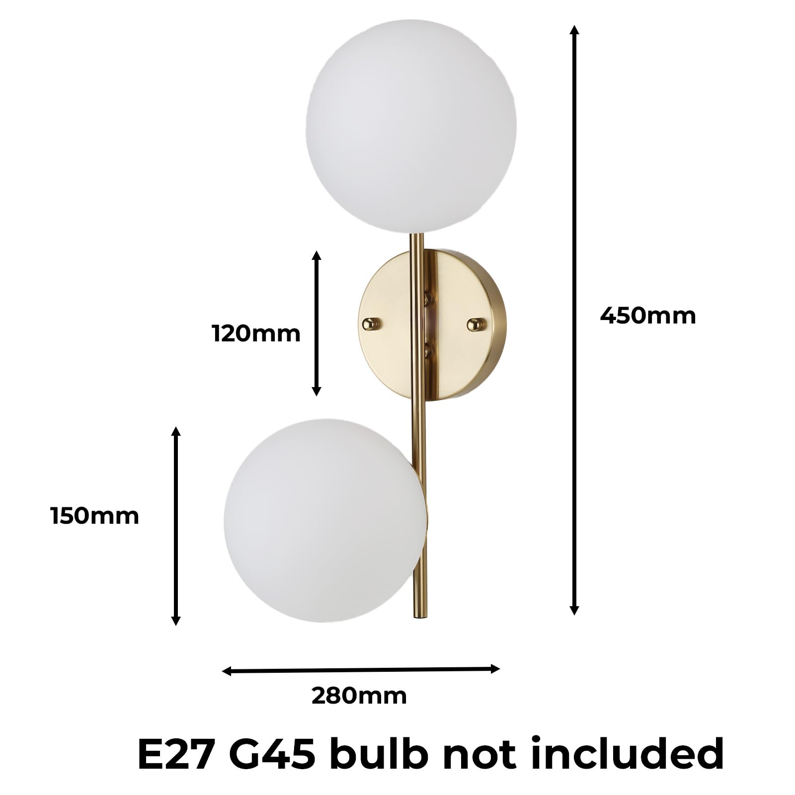Alpinaluz Applique da parete dorato, lampada da parete con 2 sfere opache bianche, portalampada E27 G45, illuminazione decorativa per camera da letto, soggiorno e corridoio