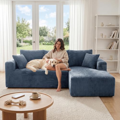 Image of 92.5 inch Modualr Sectional Sofa, L-Shape Corduroy Cloud Couch with Chaise,Upholstered Memory Foam Boneless Couch for Living Room, No Need Assembly,Blue(Right Facing Chaise)