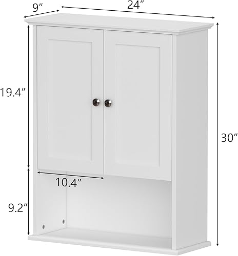 Miniatura 2 de Armario de pared de baño blanco, gabinete de almacenamiento sobre el inodoro, botiquín de baño con 2 puertas y estantes ajustables, gabinete de