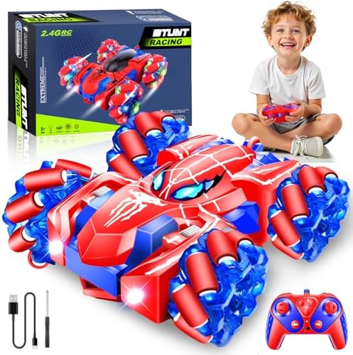 Remote Control Car, 2.4Ghz Rechargeable Rc Cars 360° Rotating 4WD Stunt Car with Cool Lights | Double Sided Drift | Indoor Outdoor Toys for Kids Ages 3-12 | Birthday