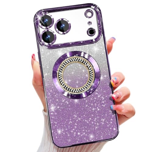 Image of Misscase for iPhone 17 Pro Max Magnetic Glitter Case Compatible with MagSafe,Full Protection Slim Shockproof Anti-Scratch Case with Camera Lens Protector Plating Bling Dust-Proof Net Purple
