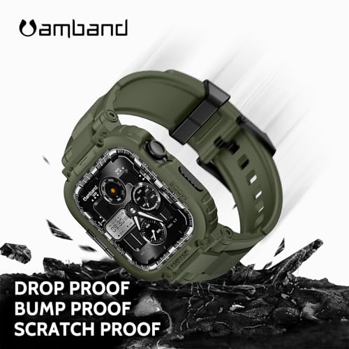 Image of amBand Compatible with Apple Watch Series 11 /10 42mm Bands Case for Men Women, M1 Sport Rugged Heavy Duty Protective Cover Tactical Strap Military Protector Bumper for iWatch Accessories - Army Green