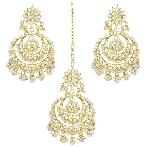 Image of Peora Traditional Jewellery Rhodium Kundan & Pearl Maang Tikka Earring Set for Women Girls