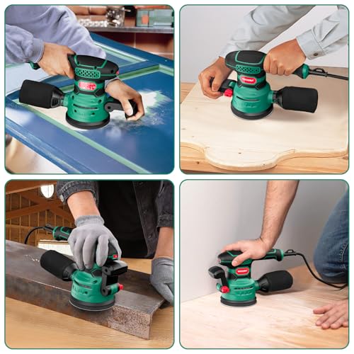 HYCHIKA Random Orbital Sander, 6 Variable Speed 3.8Amp 450W 5-Inch Electric Wood Sander with Double Handle, High Efficiency Dust Collector & 20Pcs Sandpapers for Heavy Duty Woodworking - image 8