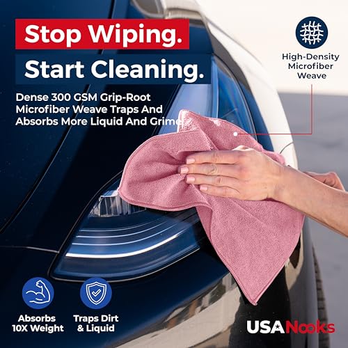 Image of USANOOKS Microfiber Cleaning Cloth Light Pink - 8 Pcs 12.5 inchx12.5 inch - High Performance - 1200 Washes, Ultra Absorbent Towels Weave Grime & Liquid for Streak-Free Mirror Shine - Car Washing Cloth