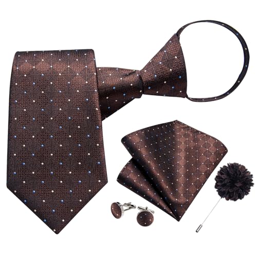 Image of DiBanGu Mens Zipper Tie Silk Pre-Tied Necktie with Gift Box | Jacquard Woven,Paisley Solid Plaid Pattern,6PCS with Pocket Square,Cufflinks and Lapel Pin,for Wedding Party Formal Business