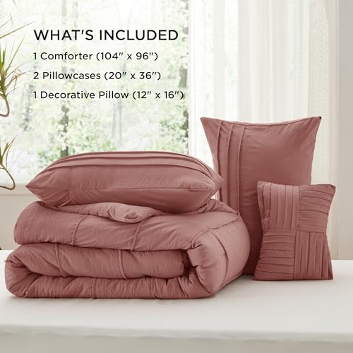 Image of Bedsure California King Comforter Set - 4 Pieces Pinch Pleat Bed Set, Dusty Pink Boho Bedding for All Season, 1 Soft Comforter, 2 Pillowcases, 1 Decorative Pillow