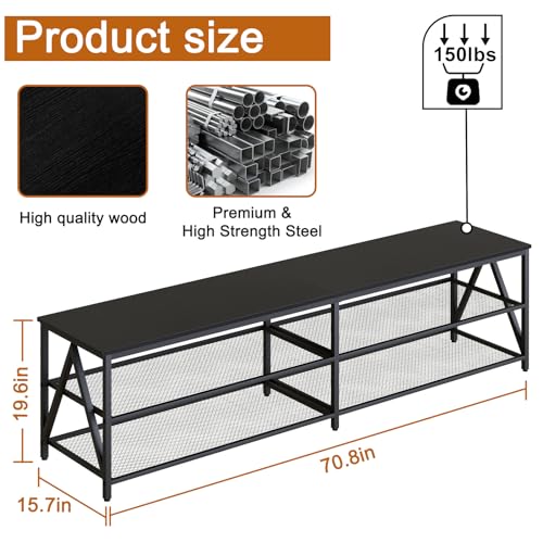 Image of 70 inch TV Stand for TVs up to 75 Inch with 3-Tier Storage Shelves | Black Modern 70 inch Long Industrial TV Console Table, Entertainment Center for Living Room, Bedroom