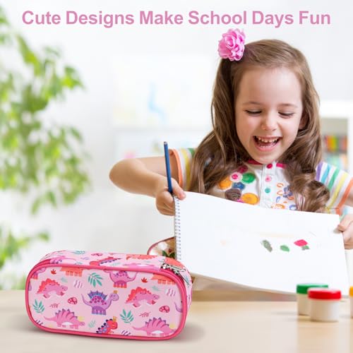 Image of Cute Kids Pencil Case - Girls Pen Pouch Large School Organizer | Pen Bag & Smooth Zipper, Multi-Slot Storage, Mesh Pocket, 900D Water Resistent, Giftable School Supplies, Pink Dinasour