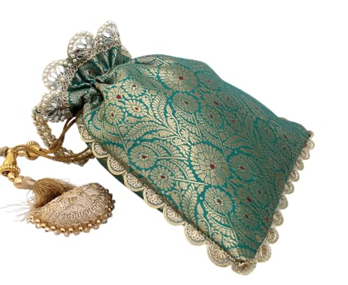 Image of MILAN'S CREATION Pure Banarasi Potli Silk Brocade Bag Purse Drawstring Women's handbag with Pearl Handle & Tassel Weddings