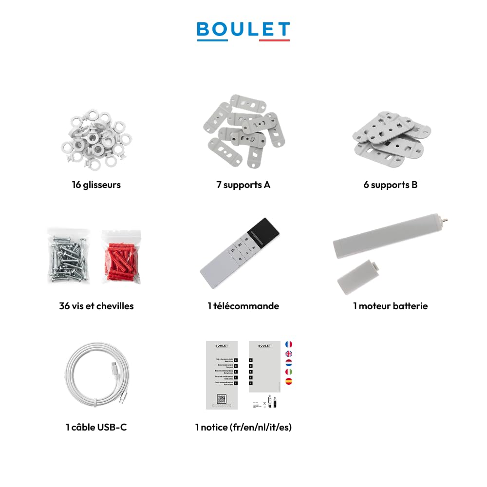 Boulet Rail Rideau motorisé Batterie Rechargeable Extensible 230-400cm – Télécommande – sans Fil – 20kg – Aluminium