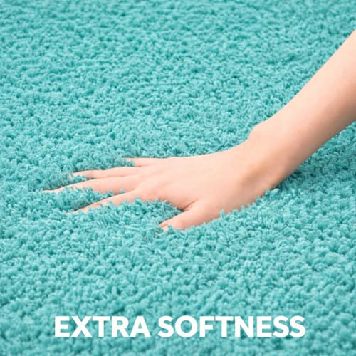 Image of Soft Fluffy Microfiber Bedside Runner for Bedroom | Mat for Kitchen | 2' x 5' Feet Rectangular | Colour: Turquoise | Thickness 1.5 Inches