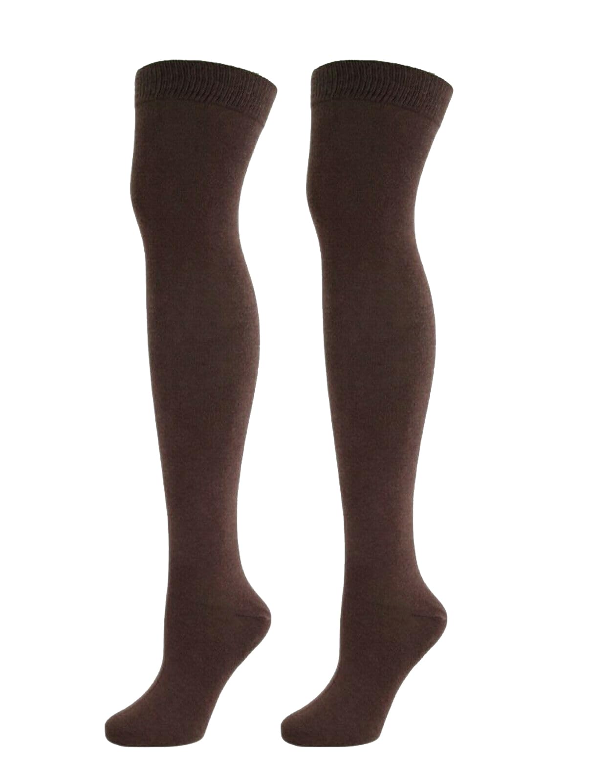 Ploutos World Wide Womens Ladies Plain Over The Knee Socks Thigh High Girls Stretchy OTK Socks Fancy Dress Socks One Size (Brown)