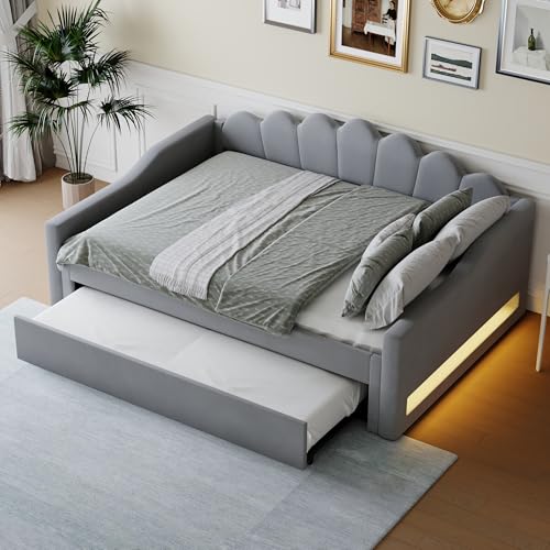 EINHOM Polsterbett Schlafsofa 140x200 cm, Tagesbett Sofabett mit LED-Gürtel und Ausziehbett, Lattenrost aus Holz, MDF+Sperrholz+Leinen, Ohne Matratze (Grau)
