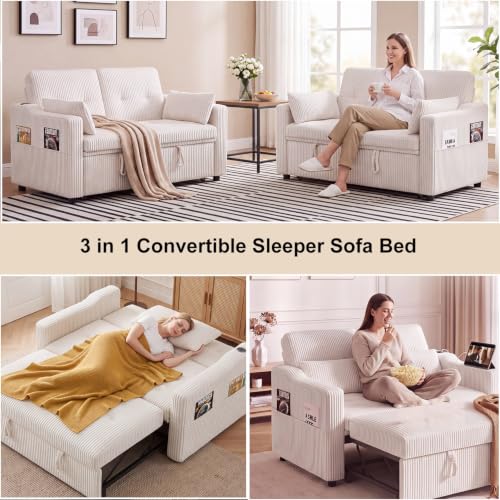 Image of 51.6 inch 3-in-1 Convertible Sleeper Sofa Bed, Pull Out Loveseat Couch with 5-Position Adjustable Backrest, USB & Type-C Ports, Side Storage Pockets, Corduroy Sofa Bed for Small Spaces