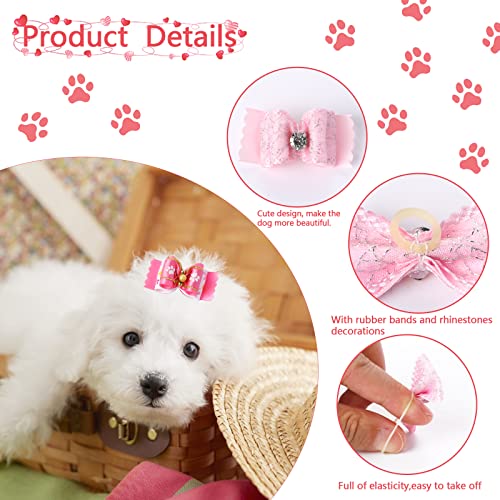 Sliverdew 12 Pieces Small Dog Hair Bows,Pink Puppy Bows With Rubber Bands Cute Dog Bows Pet Headdress With Rhinestones Lace Bowknot Grooming Pet Hair Accessories For Puppy Kitten #TOP1
