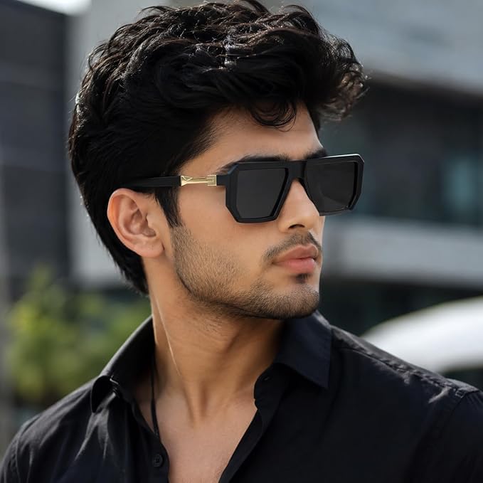 Image of Black Jones Men's Oversized Square Sunglasses| Bold Frame Design | Metal Temple Accents | Stylish Luxury Eyewear | UV Protection