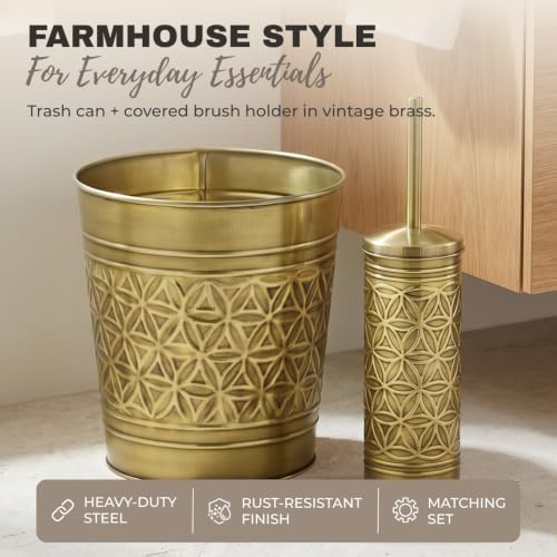 Image of Autumn Alley Toilet Brush and Holder Set with Brushed Brass Bathroom Trash Can - Brass Bathroom Accessories Garbage Can Set for Rustic and Modern Bathroom Decor