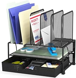 SimpleHouseware Mesh Desk Organizer with Sliding Drawer, Double Tray and 5 Upright Sections, Black