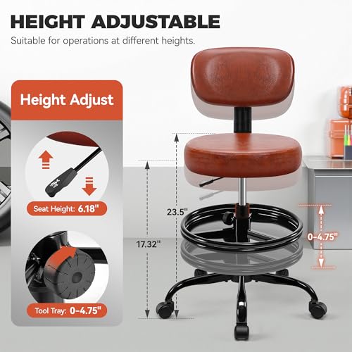 Image of BestGlory Shop Stool with Wheels for Garage, Mechanics Rolling Chair with Backrest, Adjustable Height Heavy Duty Garage Stool with Footrest and Storage Tray, Swivel Task Chair for Workshop Salon