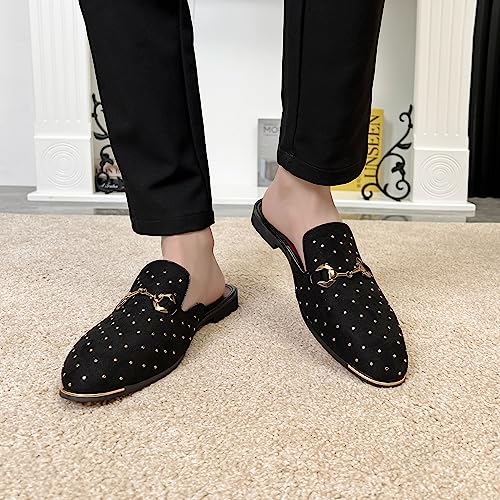 YYQL Mens Slippers with Arch Support Embroidered Leather Sandals for Men Slip On House Shoes with Indoor Outdoor Anti-Skid Rubber Sole Size 7-133
