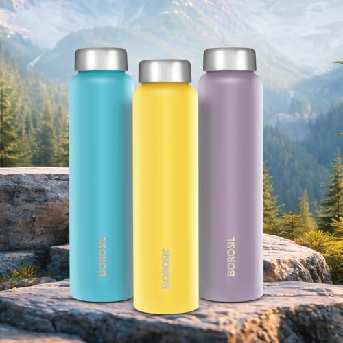 Image of Borosil 1L Apex 3pc Stainless Steel Made in India Water Bottle Set | Leak-Proof, Odour-Free, Powder Coated Bottles | Fridge Safe | Blue, Yellow, Lavender | 1 Year Warranty