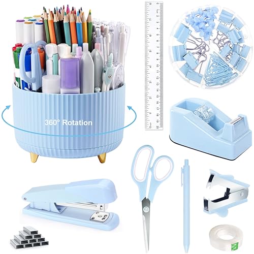 image for Dimonluce Blue Desk Accessories, Blue Office Supplies 360°Pen Holder 