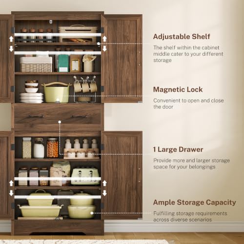 Image of TEENFON Tall Storage Cabinet with 2 Adjustable Shelves & 1 Large Drawer, Kitchen Pantry Cabinet with 4 Doors, Bathroom Storage Cabinets, for Living Room, Kitchen, Bathroom, Walnut