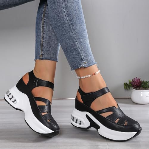 Orthopedic Shoes for Women 2025,Hook And Loop Hollow Platform Sandals Closed Toe Comfortable Walking Wedges Non Slip Thick Sole Retro Old Fashion Dressy Shoes with Soft Sole Air Cushion2