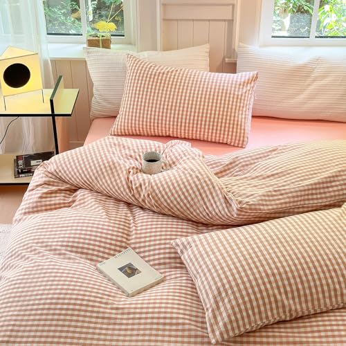 Image of LifeTB Queen Comforter Set 3 Pieces Pink Gingham Comforter Modern Style Blush Plaid Comforter Set Fluffy Soft Farmhouse Gingham Bedding Grid Checkered Comforter Queen with 2 Pillowcases