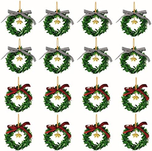 16Pcs Christmas Wreath Decorations, Mini Christmas Wreaths with Buffalo Check Bow Golden Bell, Green Artificial Christmas Wreath for Christmas Tree Holiday Home Decoration (2 Style)