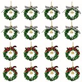 16Pcs Christmas Wreath Decorations, Mini Christmas Wreaths with Buffalo Check Bow Golden Bell, Green
