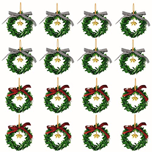 16Pcs Christmas Wreath Decorations, Mini Christmas Wreaths With Buffalo Check Bow Golden Bell, Green Artificial Christmas Wreath For Christmas Tree Holiday Home Decoration (2 Style) #TOP24