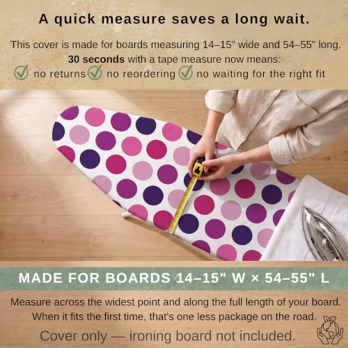 COTTY HOME Extra Thick Ironing Board Cover 15x54 Standard Size, Padded Heat Reflective Scorch Resistant Cotton, Elastic Edges with Fastener Straps and Nose Pocket for Non-Slip Snug Fit, Purple Spotted by COTTY HOME - Used condition - Image 6