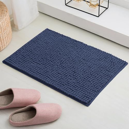 Image of LUXE HOME INTERNATIONAL Shaggy Chenille Bath Mat Extra Soft Super Absorbent Anti Skid Popcorn Door Mats for Home Entrance, Bathroom, Bedroom, Kitchen, Floor Mat (40x60 cm Navy) Pack of 1